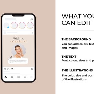 May include: A smartphone mockup displaying a social media post for an esthetician. The post features a photo of a woman with the text "Meet your ESTHETICIAN" and "Hello".