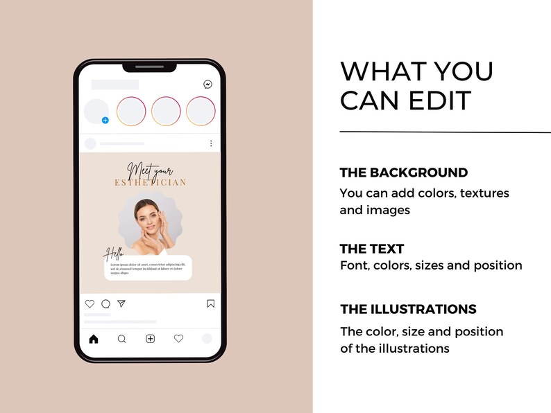 May include: A smartphone mockup displaying a social media post for an esthetician. The post features a photo of a woman with the text "Meet your ESTHETICIAN" and "Hello".