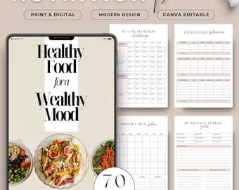 Planificador de nutrición imprimible / Registro de comidas, lista de compras, recetario y plan de menú / Diario de comidas en PDF / Planificador de estilo de vida saludable