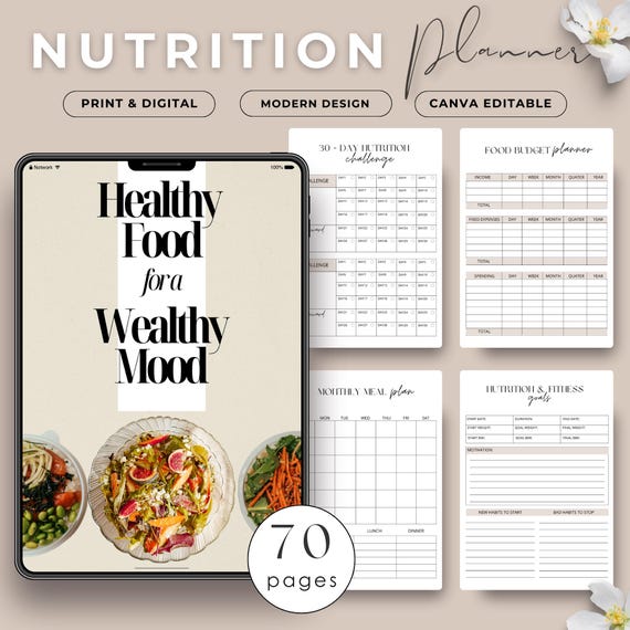 Nutrition Planner Printable | Meal Tracker, Grocery List, Recipe Book & Menu Plan |  Food Journal PDF | Healthy Lifestyle Planner