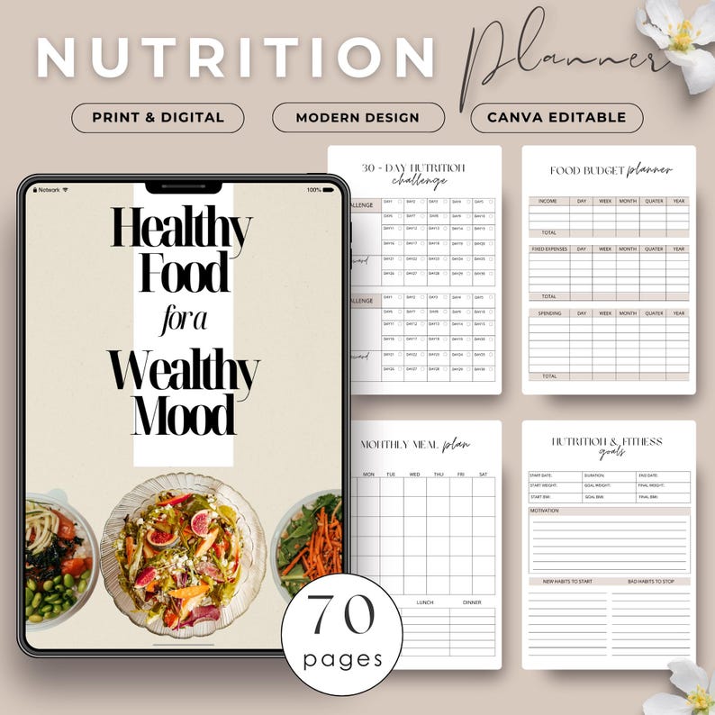 May include: A digital planner with a modern design, featuring a cover image of a bowl of healthy food with the text "Healthy Food for a Wealthy Mood". The planner includes 70 pages of printable and editable content, including a 30-day nutrition challenge, a food budget planner, a monthly meal plan, and nutrition and fitness goals.