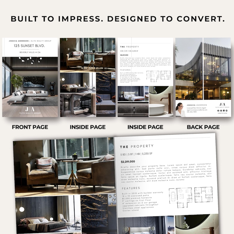 Peut inclure: Brochure immobili&egrave;re avec des images int&eacute;rieures et ext&eacute;rieures de propri&eacute;t&eacute;s. Le texte "BUILT TO IMPRESS. DESIGNED TO CONVERT." est inclus, ainsi que les coordonn&eacute;es de Jessica Anderson, Elite Realty Group, &agrave; Beverly Hills, CA.
