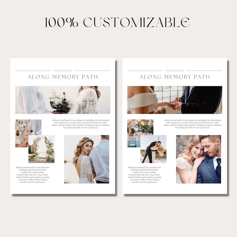 May include: Two pages of a wedding photo album template with the text "Along Memory Path" and a collage of wedding photos. The text "100% Customizable" appears at the top of the page.