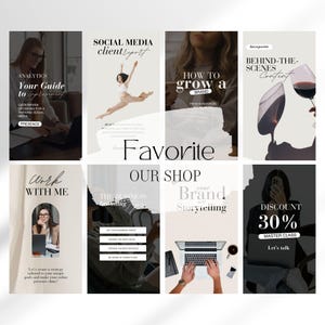 May include: A collage of nine Instagram story templates for a social media marketing business. The templates feature black and white images with text overlays. Some of the text includes "How to grow a brand", "Work with me", "The Business of Branding", "Your Brand Storytelling", "Discount 30%", and "Behind the Scenes Content".