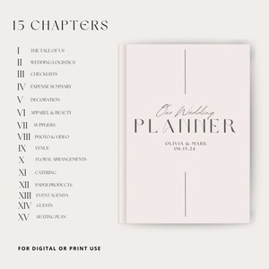May include: A pink wedding planner with the text "Our Wedding Planner" in black and the names "Olivia & Mark" and the date "06.15.24" in gray. The planner has 15 chapters listed on the left side of the page.
