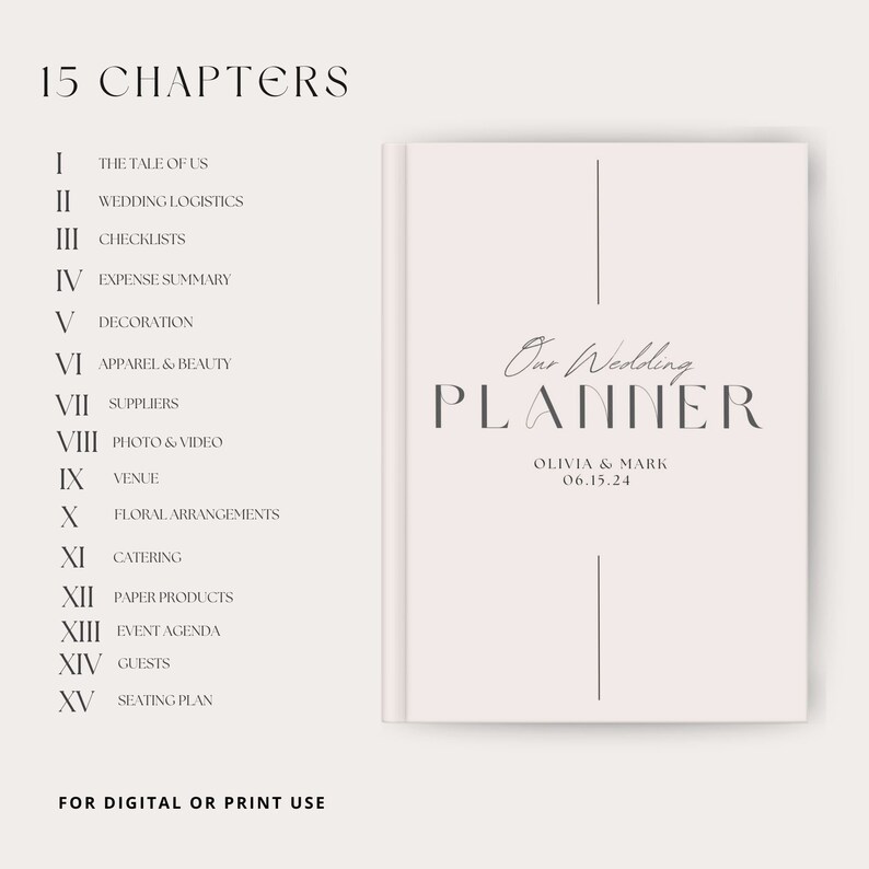 May include: A pink wedding planner with the text "Our Wedding Planner" in black and the names "Olivia & Mark" and the date "06.15.24" in gray. The planner has 15 chapters listed on the left side of the page.