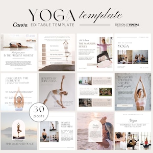 May include: A collage of nine Instagram posts promoting yoga classes. The posts feature images of people doing yoga poses, text about the benefits of yoga, and information about class schedules and pricing.