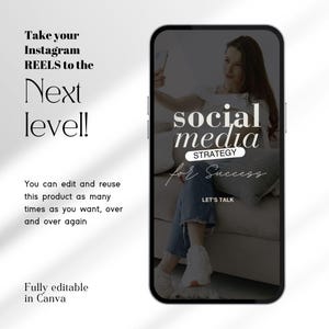 May include: A phone screen mockup with a dark background and white text that reads "social media strategy for success" with a woman taking a selfie in the background. The text "Let's Talk" is at the bottom of the screen.