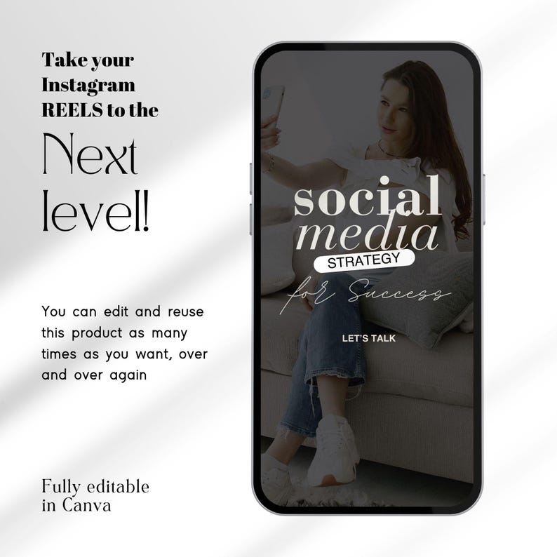 May include: A phone screen mockup with a dark background and white text that reads "social media strategy for success" with a woman taking a selfie in the background. The text "Let's Talk" is at the bottom of the screen.
