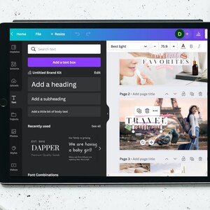 Peut inclure: Une capture d'&eacute;cran d'un &eacute;cran d'ordinateur affichant un programme de conception avec une interface sombre. Le programme comporte une barre de menus en haut, une barre lat&eacute;rale &agrave; gauche et un grand espace de travail au centre. L'espace de travail contient trois images diff&eacute;rentes, chacune avec un texte superpos&eacute;. La premi&egrave;re image est d'une femme appliquant du baume &agrave; l&egrave;vres, la deuxi&egrave;me image est d'une femme debout devant la tour Eiffel, et la troisi&egrave;me image est d'un paysage d&eacute;sertique. Les textes superpos&eacute;s sur les images indiquent "Nos prochains favoris", "Voyager avec moi" et "Page 3 - Ajouter un titre de page".