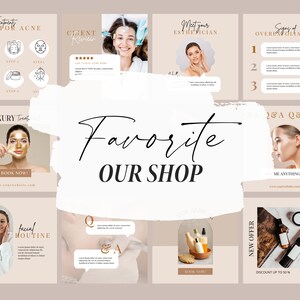 May include: A collage of images promoting a beauty shop. The images feature skincare treatments, products, and services. The text "Favorite Our Shop" is featured in the center of the collage.