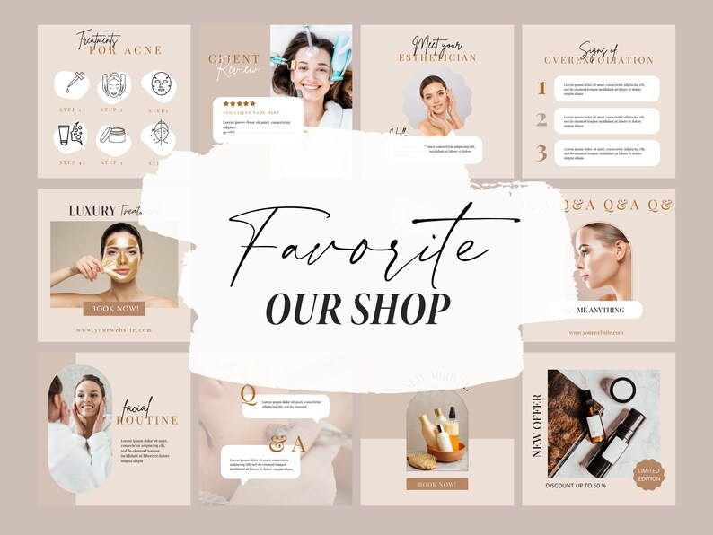 May include: A collage of images promoting a beauty shop. The images feature skincare treatments, products, and services. The text "Favorite Our Shop" is featured in the center of the collage.