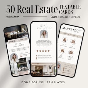 de Cartes textuelles modifiables pour l'immobilier | Design Canvas pour agents immobiliers | Cartes marketing pour les annonces immobilières et la sensibilisation des clients