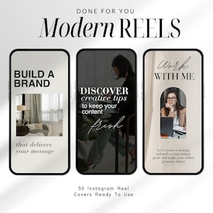 May include: Three Instagram reel covers with text overlays. The first cover has a white background with black text that reads "BUILD A BRAND that delivers your message". The second cover has a black background with white text that reads "DISCOVER creative tips to keep your content fresh". The third cover has a beige background with black text that reads "Work WITH ME" and a photo of a woman working on a laptop.