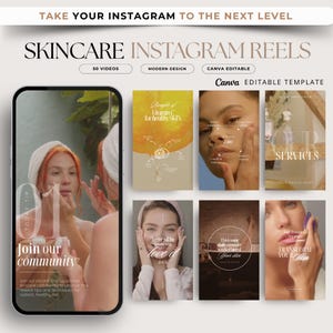 Puede incluir: Imagen promocional para Instagram Reels de cuidado de la piel. La imagen presenta un teléfono que muestra a una mujer aplicándose cuidado de la piel, rodeado de seis diapositivas promocionales. El texto incluye "Skincare Instagram Reels", "Join our community" y "Canva Editable Template."