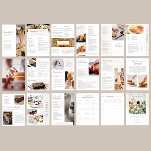 K&ouml;nnte beinhalten: Ein druckbares Rezeptbuch mit minimalistischem Design, das eine Vielzahl von Rezepten bietet, darunter Spaghetti mit Fleischsauce, Pfannengerichte, gebratenen Reis, gebackenes H&auml;hnchen, K&auml;sekuchen, Apfelkuchen, Bananenbrot und Joghurt-Parfait. Das Buch enth&auml;lt auch eine Einkaufsliste und einen Speiseplan.