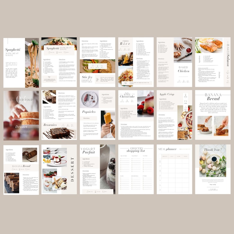 K&ouml;nnte beinhalten: Ein druckbares Rezeptbuch mit minimalistischem Design, das eine Vielzahl von Rezepten bietet, darunter Spaghetti mit Fleischsauce, Pfannengerichte, gebratenen Reis, gebackenes H&auml;hnchen, K&auml;sekuchen, Apfelkuchen, Bananenbrot und Joghurt-Parfait. Das Buch enth&auml;lt auch eine Einkaufsliste und einen Speiseplan.