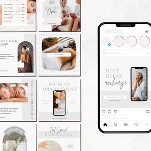 Puede incluir: Un conjunto de plantillas de historias de Instagram para un negocio de masajes. Las plantillas presentan im&aacute;genes de personas recibiendo masajes, texto que dice "Escape de Masaje", "Reservar una Cita", "Descansar, Relajarse, Recargar" y "Sentirse Especial Todos los D&iacute;as", y una llamada a la acci&oacute;n para reservar hoy.