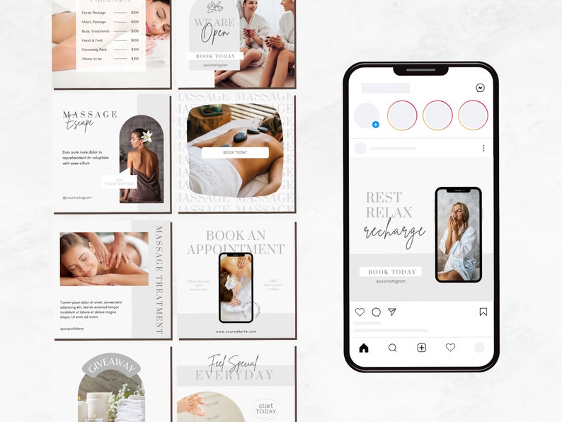 Puede incluir: Un conjunto de plantillas de historias de Instagram para un negocio de masajes. Las plantillas presentan im&aacute;genes de personas recibiendo masajes, texto que dice "Escape de Masaje", "Reservar una Cita", "Descansar, Relajarse, Recargar" y "Sentirse Especial Todos los D&iacute;as", y una llamada a la acci&oacute;n para reservar hoy.