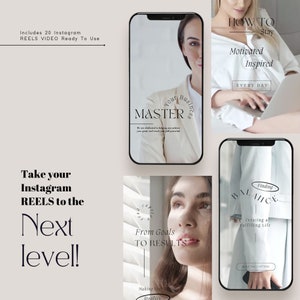 May include: A set of four Instagram Reels templates featuring a woman in a white blazer. The templates include text such as "Master Your Business", "How to Stay Motivated Inspired Every Day", "From Goals to Results", and "Finding Balance Creating a Fulfilling Life".