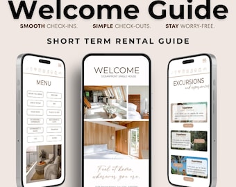 Könnte beinhalten: Drei Smartphones, die einen Kurzzeitmietführer anzeigen. Der Leitfaden enthält ein Menü, einen Willkommensbildschirm mit einem Hausfoto und Ausflugsoptionen. Der Text enthält "Welcome Guide" und "Tap Through Like An App".