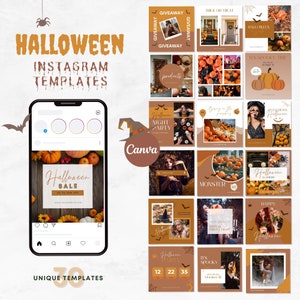 Può includere: Un set di 30 modelli Instagram unici per Halloween nei colori marrone, arancione e bianco. I modelli presentano zucche, pipistrelli, ragni e altre immagini di Halloween. Il testo "Halloween Instagram Templates" è in cima all'immagine. Il testo "Canva" è al centro dell'immagine. Il testo "Unique Templates" è in fondo all'immagine.
