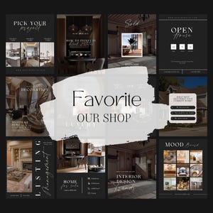 May include: A collage of nine Instagram posts promoting real estate services. The posts feature images of luxury homes, interior design trends, and real estate listings. The text on the posts includes phrases like "Pick Your Project", "How to Invest in Real Estate", "Sold", "Open House", "Interior Design Trends", and "Home for Sale".