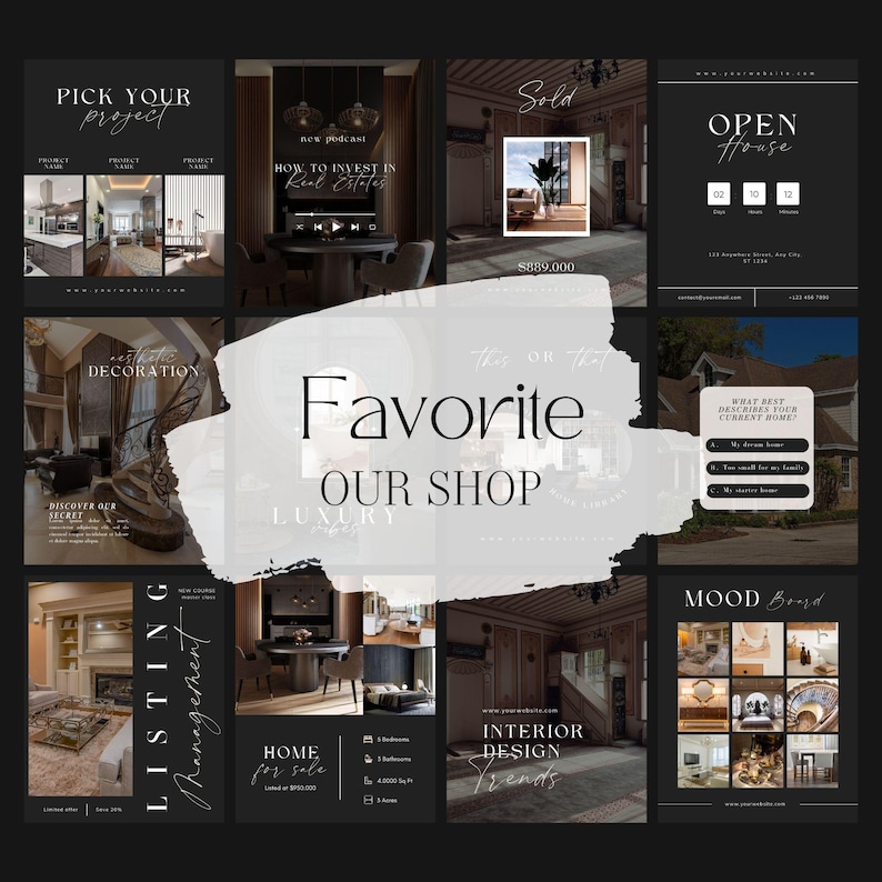 May include: A collage of nine Instagram posts promoting real estate services. The posts feature images of luxury homes, interior design trends, and real estate listings. The text on the posts includes phrases like "Pick Your Project", "How to Invest in Real Estate", "Sold", "Open House", "Interior Design Trends", and "Home for Sale".