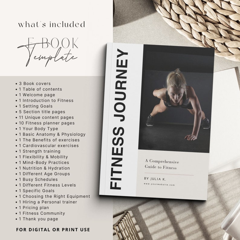 Puede incluir: Una portada de libro electr&oacute;nico en blanco y negro con el t&iacute;tulo "Fitness Journey: A Comprehensive Guide to Fitness by Julia K." La portada presenta a una mujer haciendo una flexi&oacute;n.