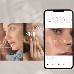 Op de afbeelding: Een collage van afbeeldingen die een schoonheidsevenement promoten. De tekst "BEAUTY redefined" is in een wit, cursief lettertype weergegeven. De tekst "GLOW SKIN" is in een wit, sans-serif lettertype weergegeven. De tekst "UNLOCK YOUR BEAUTY" is in een wit, sans-serif lettertype weergegeven. De tekst "Embrace Your BEAUTY" is in een wit, sans-serif lettertype weergegeven.
