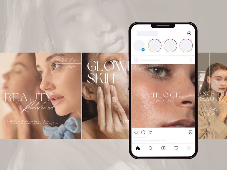 Op de afbeelding: Een collage van afbeeldingen die een schoonheidsevenement promoten. De tekst "BEAUTY redefined" is in een wit, cursief lettertype weergegeven. De tekst "GLOW SKIN" is in een wit, sans-serif lettertype weergegeven. De tekst "UNLOCK YOUR BEAUTY" is in een wit, sans-serif lettertype weergegeven. De tekst "Embrace Your BEAUTY" is in een wit, sans-serif lettertype weergegeven.