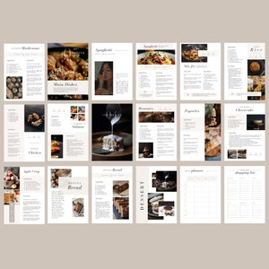 May include: A printable recipe book template with a minimalist design. The pages feature a variety of recipes, including mushrooms, spaghetti, stir fry, rice, baked chicken, salmon, apple crisp, banana bread, brownies, popsicles, cheesecake, and a meal planner and grocery shopping list.