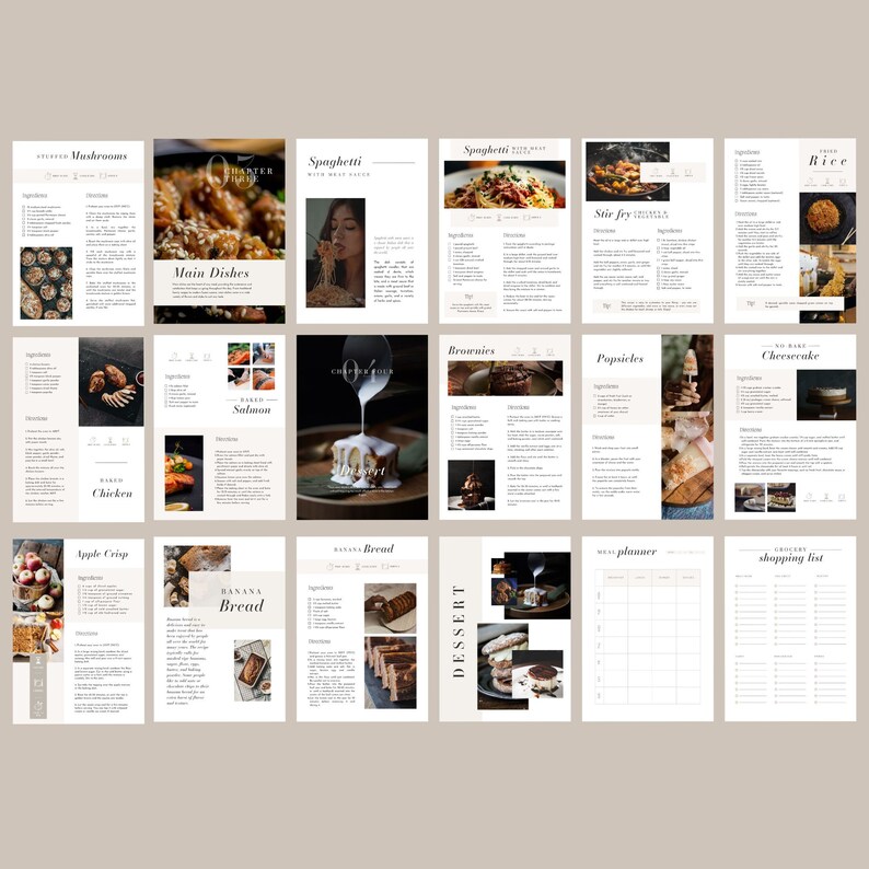 May include: A printable recipe book template with a minimalist design. The pages feature a variety of recipes, including mushrooms, spaghetti, stir fry, rice, baked chicken, salmon, apple crisp, banana bread, brownies, popsicles, cheesecake, and a meal planner and grocery shopping list.