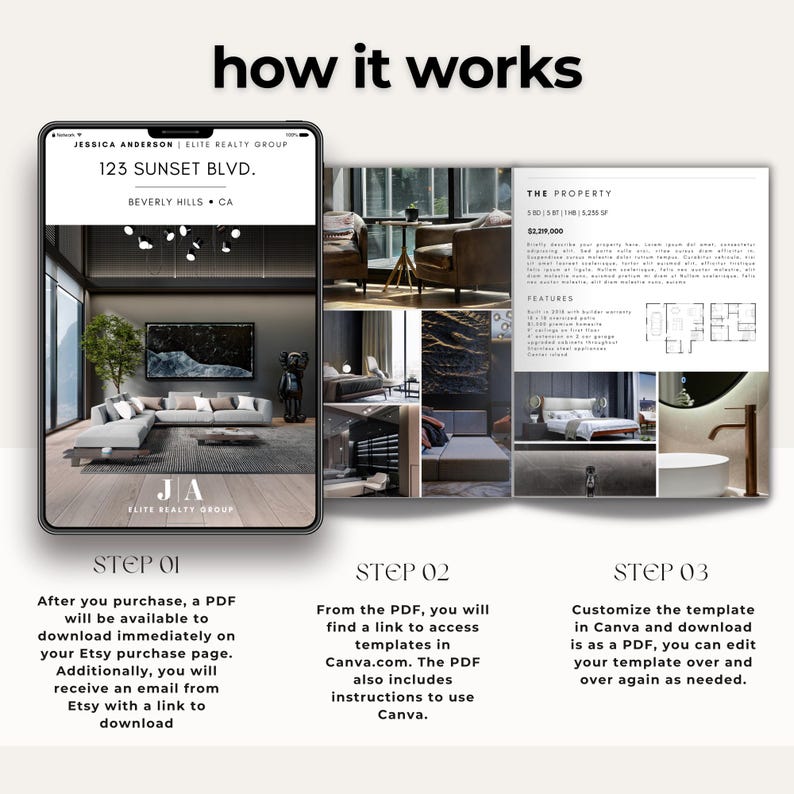 Peut inclure: Graphique de marketing num&eacute;rique avec le texte &laquo;&nbsp;how it works&nbsp;&raquo; en haut. Le graphique montre un t&eacute;l&eacute;phone avec une annonce immobili&egrave;re et une brochure avec des d&eacute;tails sur la propri&eacute;t&eacute;. Les instructions sont fournies en trois &eacute;tapes.