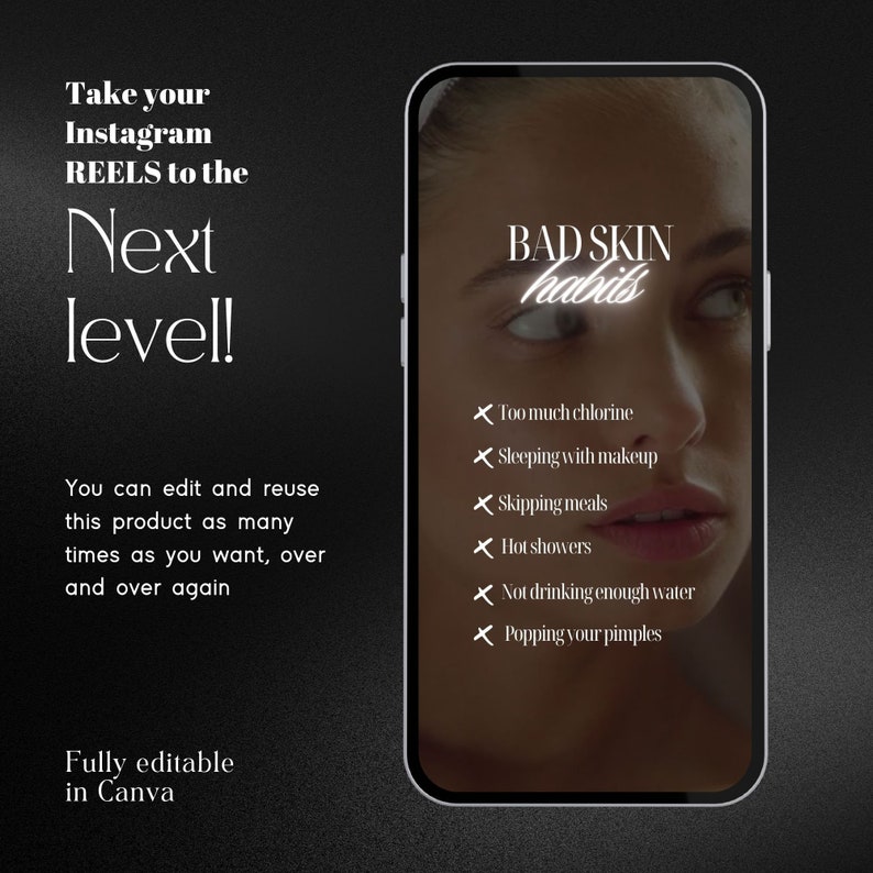 K&ouml;nnte beinhalten: Ein Smartphone-Bildschirm zeigt eine Liste von schlechten Hautgewohnheiten, darunter Schlafen mit Make-up, Auslassen von Mahlzeiten, hei&szlig;e Duschen, nicht genug Wasser trinken und Pickel ausdr&uuml;cken. Der Text "BAD SKIN habits" steht oben auf dem Bildschirm. Das Bild ist ein Mockup eines Social-Media-Posts.