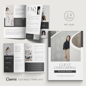 May include: A 24-page client onboarding welcome packet template in A4 size. The cover features a woman standing in a modern, minimalist setting with a circular archway. The text "CLIENT ONBOARDING Welcome Packet your business name goes here" is displayed in a bold, sans-serif font.