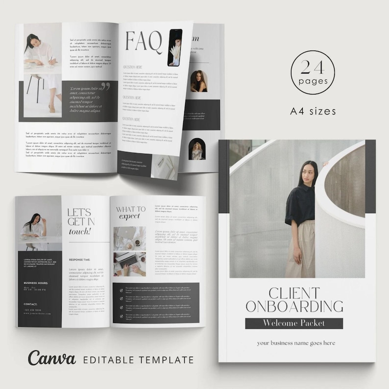 May include: A 24-page client onboarding welcome packet template in A4 size. The cover features a woman standing in a modern, minimalist setting with a circular archway. The text "CLIENT ONBOARDING Welcome Packet your business name goes here" is displayed in a bold, sans-serif font.