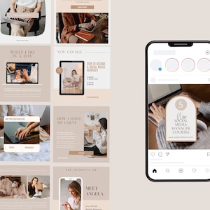May include: A smartphone screen displaying a social media post with a beige background and the text "5 New Social Media Manager Courses" in a brown arch. The post has a heart, comment, and share icon. The post is on a white background with a black border.