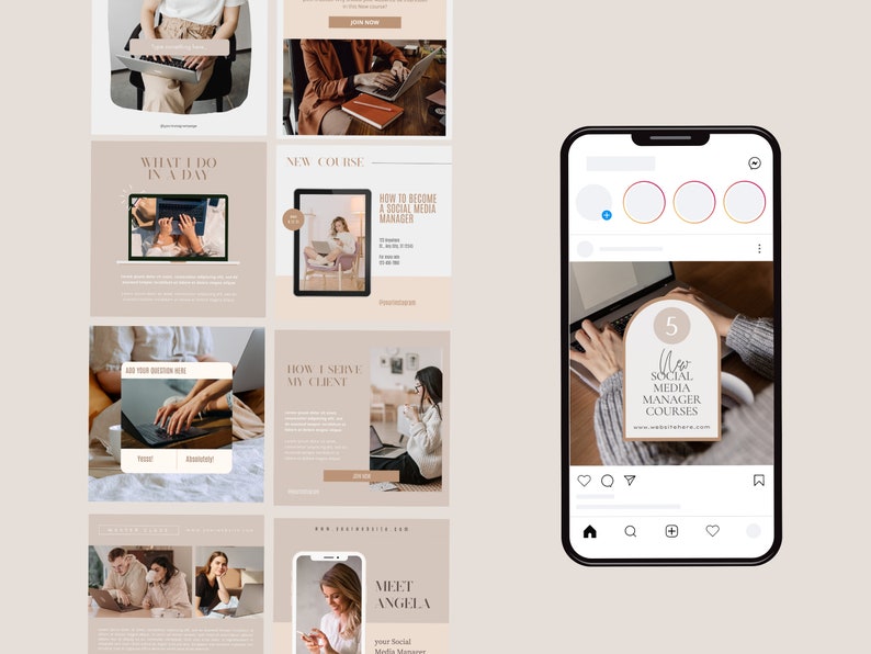 May include: A smartphone screen displaying a social media post with a beige background and the text "5 New Social Media Manager Courses" in a brown arch. The post has a heart, comment, and share icon. The post is on a white background with a black border.