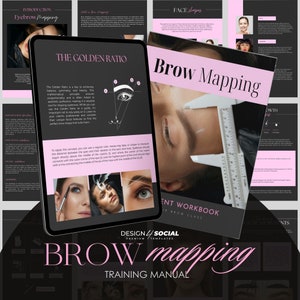 Op de afbeelding: Een trainingshandleiding voor wenkbrauwmapping, met een tablet met het diagram "The Golden Ratio" en een werkboek getiteld "Brow Mapping". Het ontwerp bevat roze accenten op een zwarte achtergrond, met afbeeldingen van wenkbrauwmappingtechnieken.