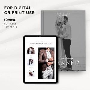 May include: A digital template for a wedding banner with a black and white photo of a couple. The template includes the text "Olivia & Mark" and "Wedding Banner". The template also includes a section for groomsmen looks with a photo of a man wearing a brown suit and a white shirt.