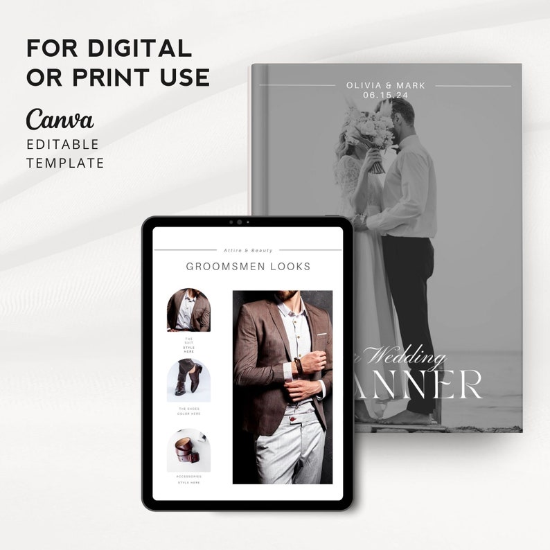 May include: A digital template for a wedding banner with a black and white photo of a couple. The template includes the text "Olivia & Mark" and "Wedding Banner". The template also includes a section for groomsmen looks with a photo of a man wearing a brown suit and a white shirt.