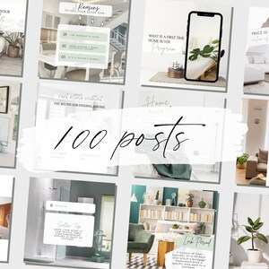 May include: A collage of images featuring interior design tips and real estate advice. The images include a living room with a couch and plants, a kitchen with a table and chairs, and a bedroom with a bed and nightstand. The text in the images includes phrases like "How to Decorate Your Living Room", "Real Estate Cocktail", and "100 Posts".