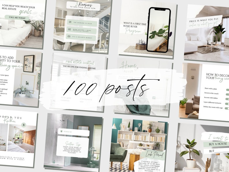 May include: A collage of images featuring interior design tips and real estate advice. The images include a living room with a couch and plants, a kitchen with a table and chairs, and a bedroom with a bed and nightstand. The text in the images includes phrases like "How to Decorate Your Living Room", "Real Estate Cocktail", and "100 Posts".