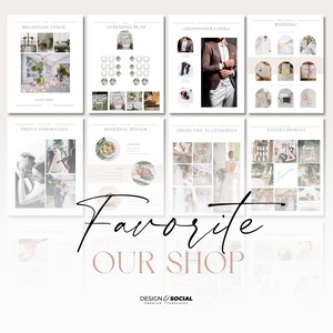 May include: A collage of images for wedding planning inspiration. The images include a reception venue, ceremony plan, groomsmen looks, wedding details, photo inspiration, rehearsal dinner, dress and accessories, and entertainment. The text "Favorite Our Shop" is at the bottom of the collage.