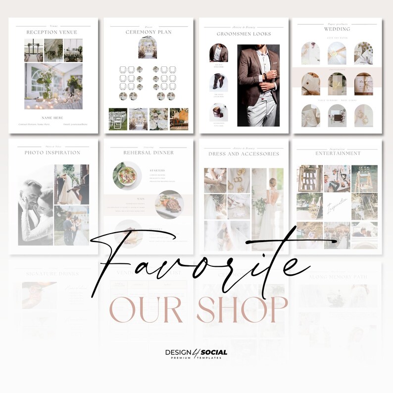 May include: A collage of images for wedding planning inspiration. The images include a reception venue, ceremony plan, groomsmen looks, wedding details, photo inspiration, rehearsal dinner, dress and accessories, and entertainment. The text "Favorite Our Shop" is at the bottom of the collage.