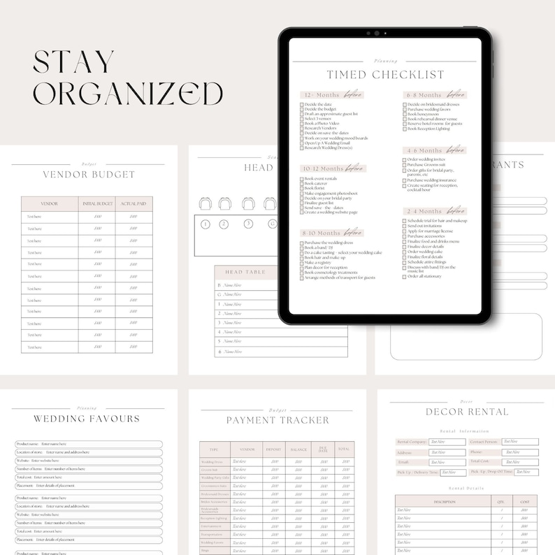 May include: A printable wedding planning checklist and budget tracker with sections for vendor budget, wedding favors, payment tracker, and decor rental. The checklist includes a timed checklist with tasks to complete 12 months before the wedding, 10 months before, 8 months before, 6 months before, 4 months before, and 2 months before the wedding.