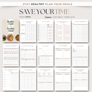 May include: A printable planner with a beige and white color scheme. The planner is designed to help people plan their meals and track their health goals. The planner includes sections for daily meal plans, grocery lists, recipes, and more. The planner is titled "Save Your Time" and is a Canva editable template.