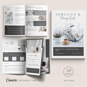May include: A 30-page services and pricing guide template in a minimalist style with a grey and white colour scheme. The cover features a basket of books, a potted plant, and a cup of coffee on a white table. The text "SERVICES & Pricing Guide" is in a black sans-serif font. The template is editable in Canva and is A4 size.