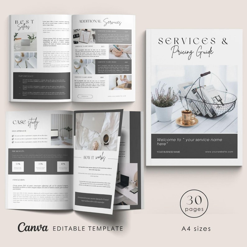 May include: A 30-page services and pricing guide template in a minimalist style with a grey and white colour scheme. The cover features a basket of books, a potted plant, and a cup of coffee on a white table. The text "SERVICES & Pricing Guide" is in a black sans-serif font. The template is editable in Canva and is A4 size.